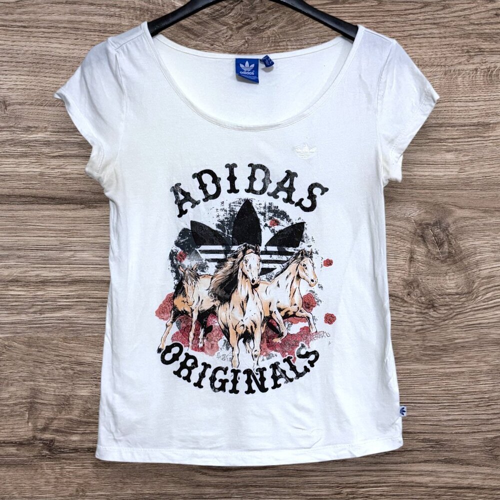 Adidas Originals XS Graphic Tee Horses Trefoil Logo Westerncore White Top Y2K